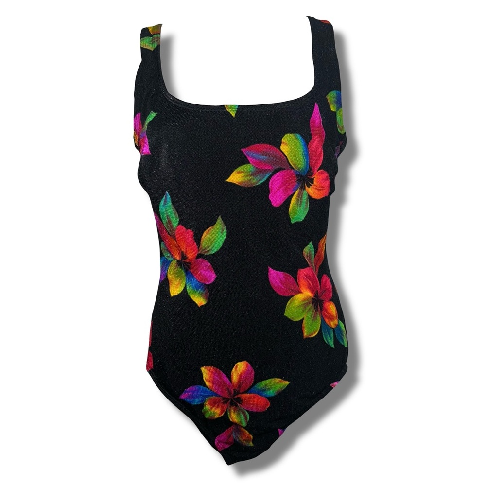 Vtg Rainbow Floral Print Swimsuit